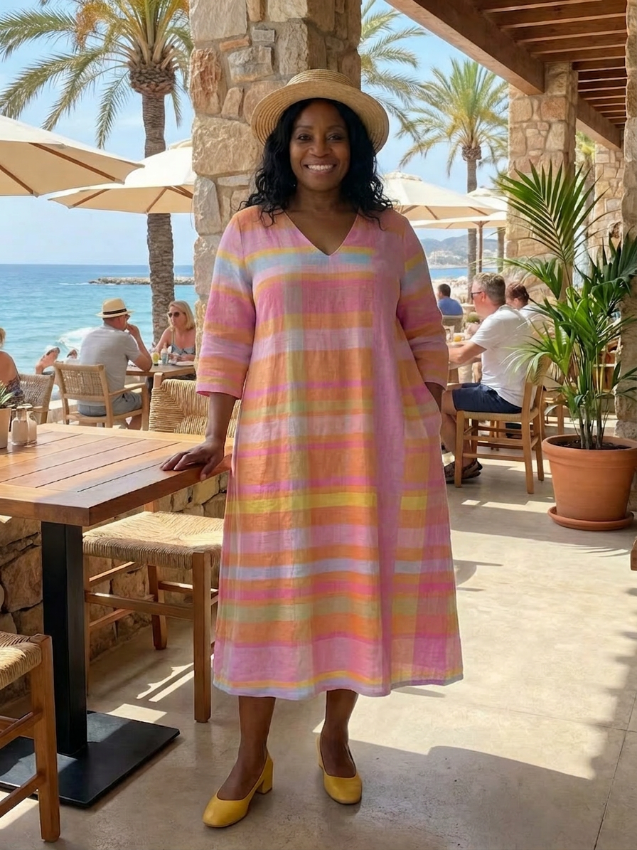 Vivian | Linen Striped V-Neck Midi Dress