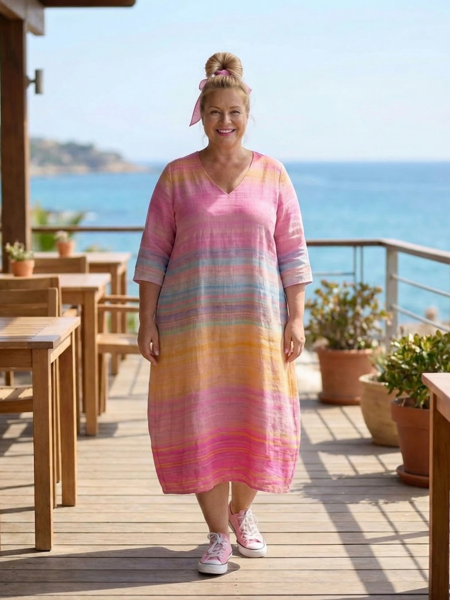 Sara | Linen Striped V-Neck Midi Dress