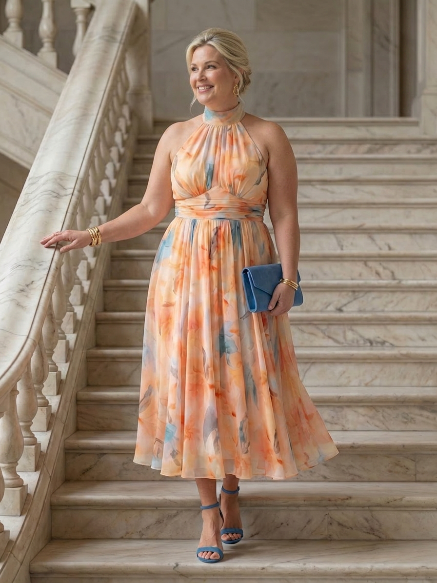 Miranda | Chiffon Floral Halter Midi Dress