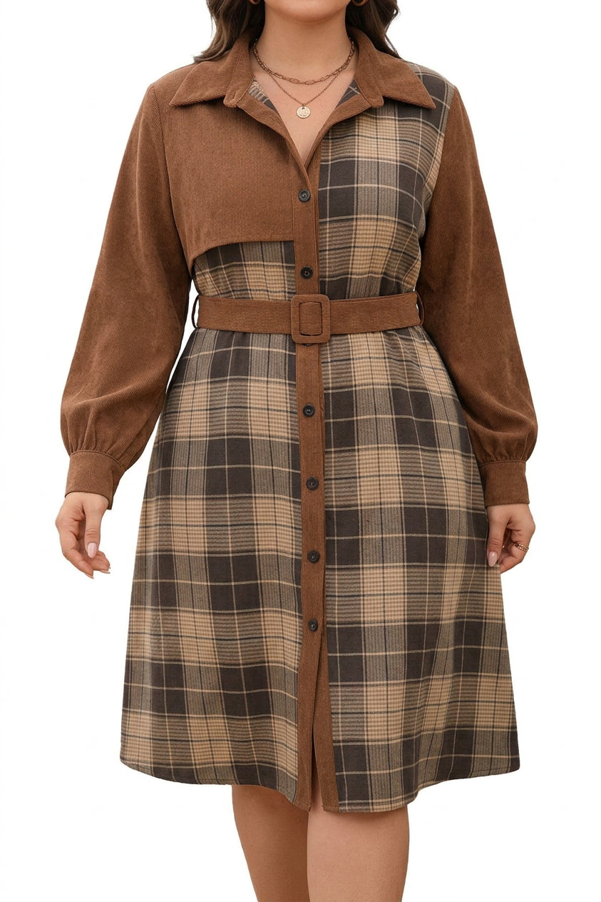 Emilia | Corduroy Checked Collared Knee-Length Dress