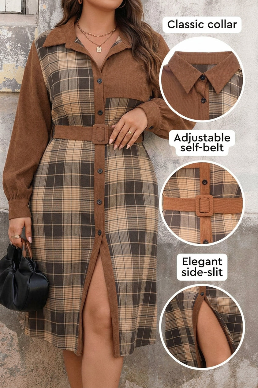 Emilia | Corduroy Checked Collared Knee-Length Dress