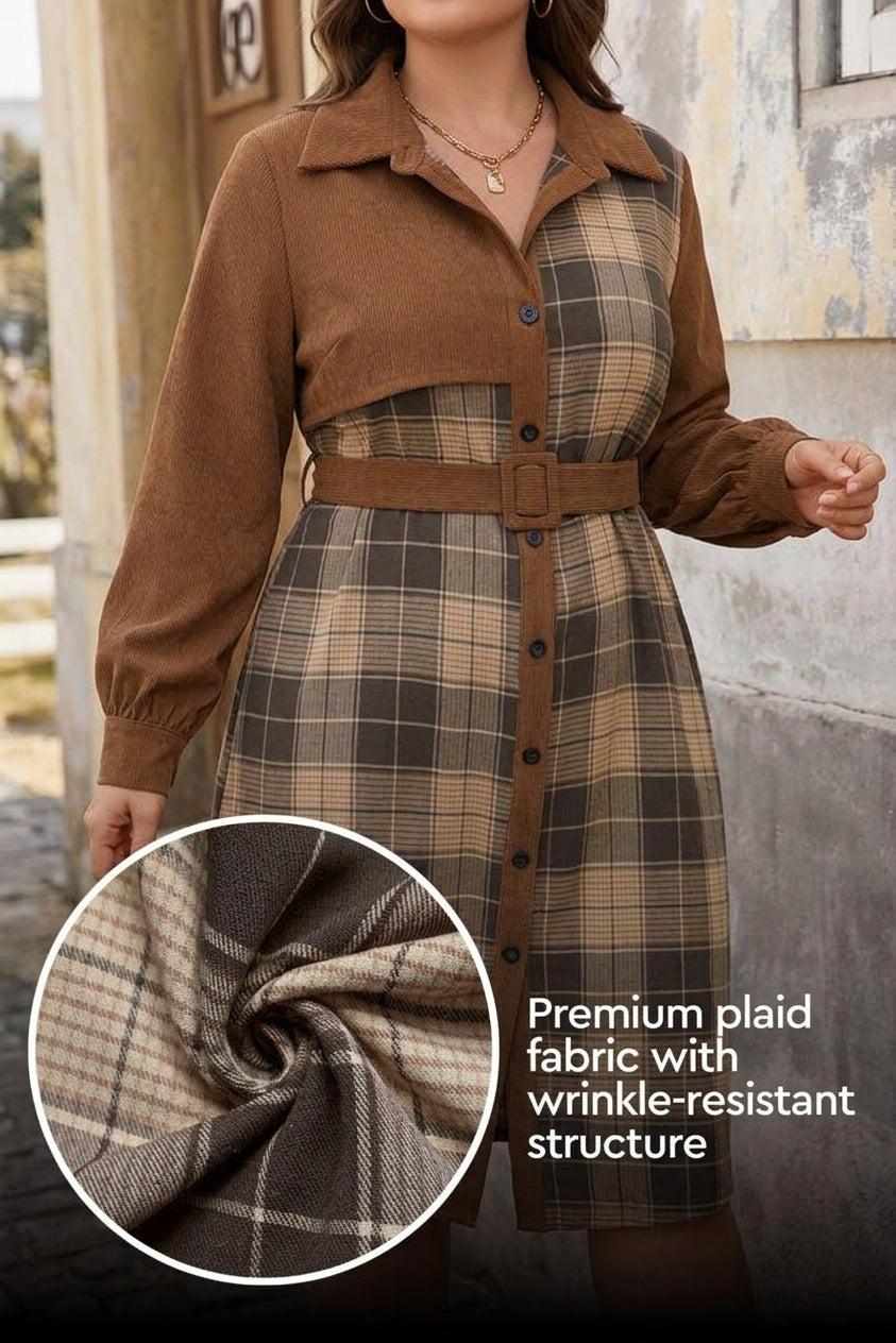 Emilia | Corduroy Checked Collared Knee-Length Dress