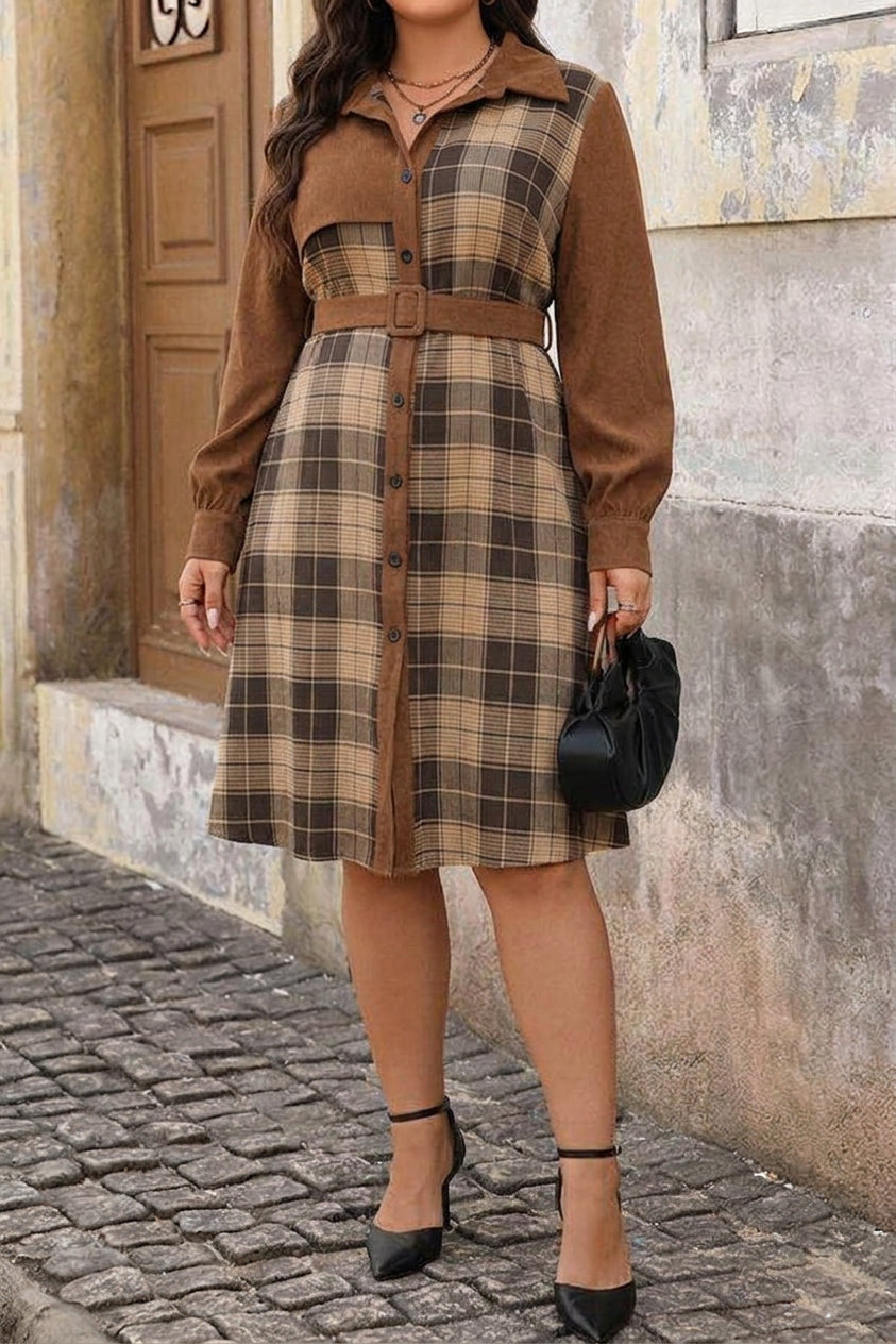 Emilia | Corduroy Checked Collared Knee-Length Dress