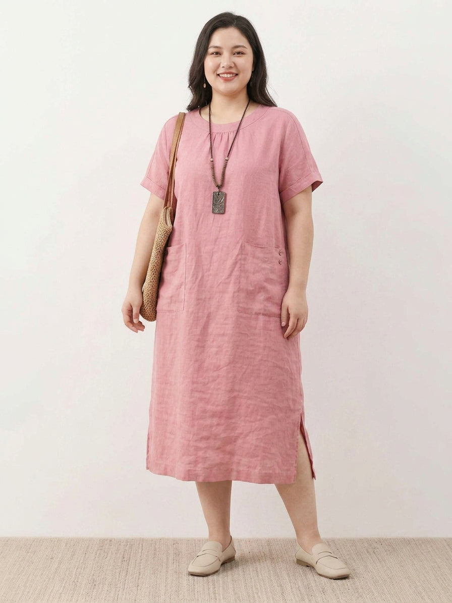 Jocelyn | Linen Round Neck Midi Dress