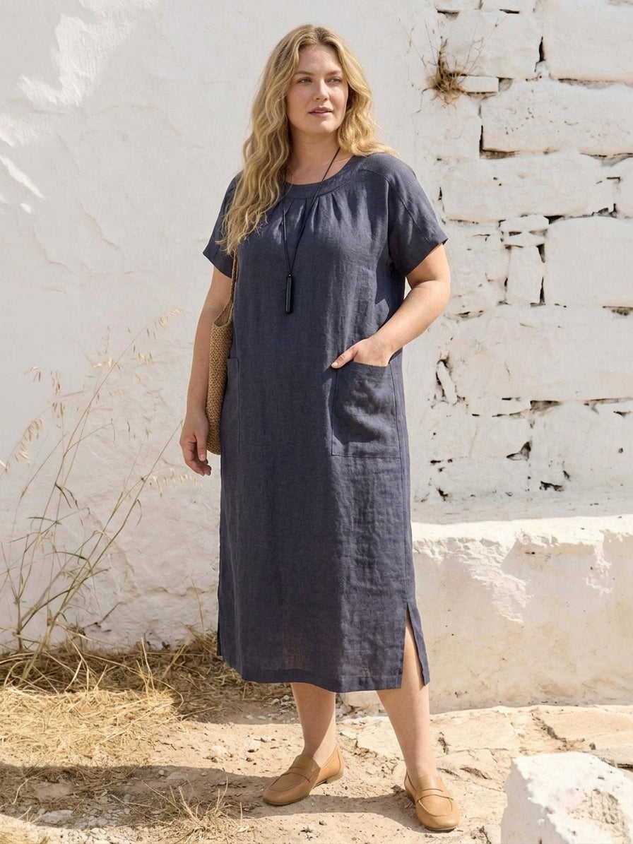 Jocelyn | Linen Round Neck Midi Dress