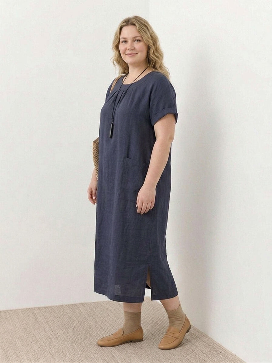 Jocelyn | Linen Round Neck Midi Dress