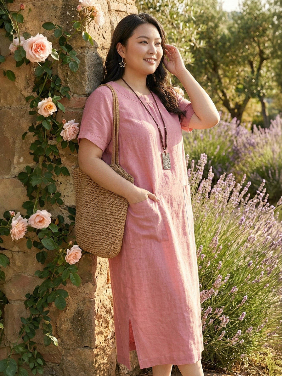 Jocelyn | Linen Round Neck Midi Dress