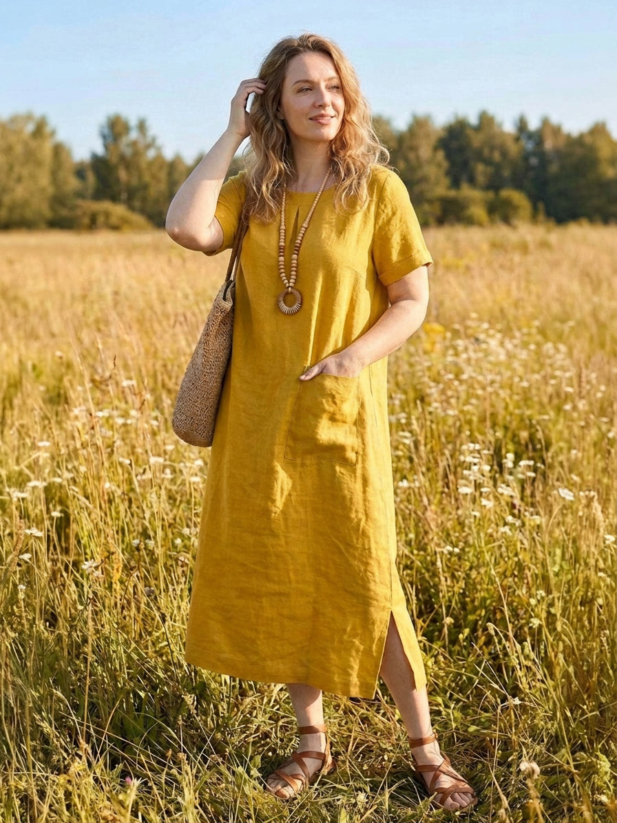 Jocelyn | Linen Round Neck Midi Dress