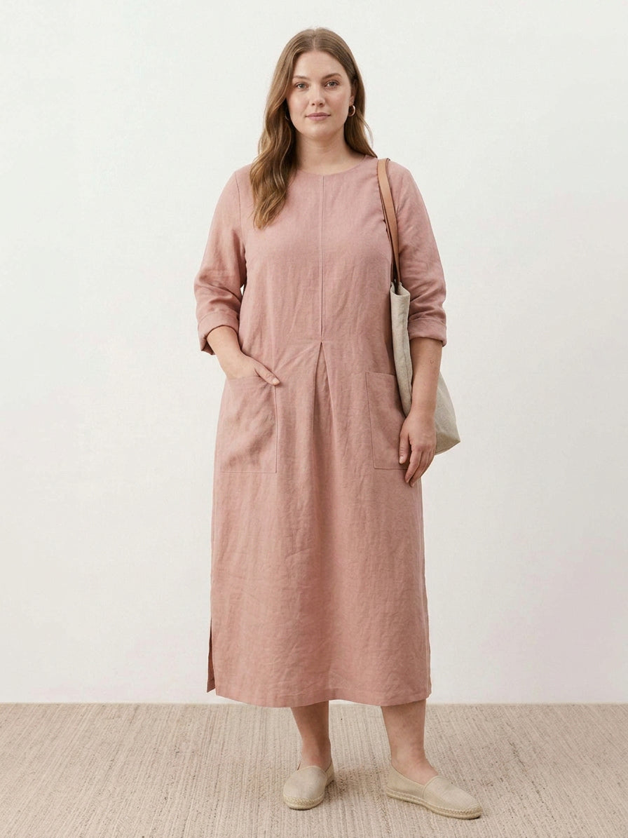 India | Linen Round Neck Midi Dress