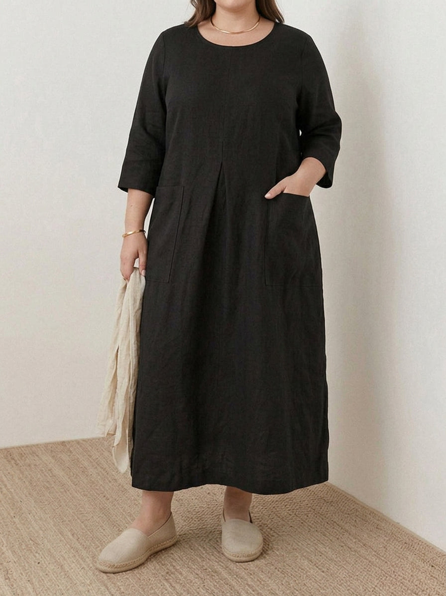 India | Linen Round Neck Midi Dress
