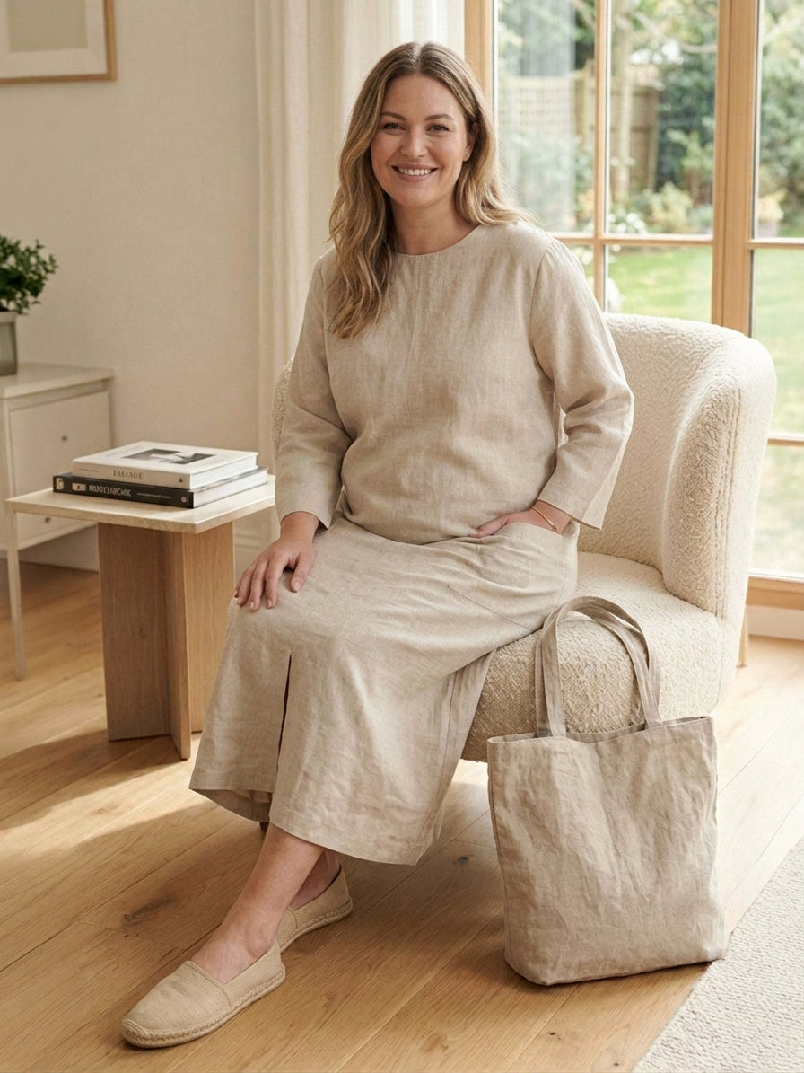 India | Linen Round Neck Midi Dress