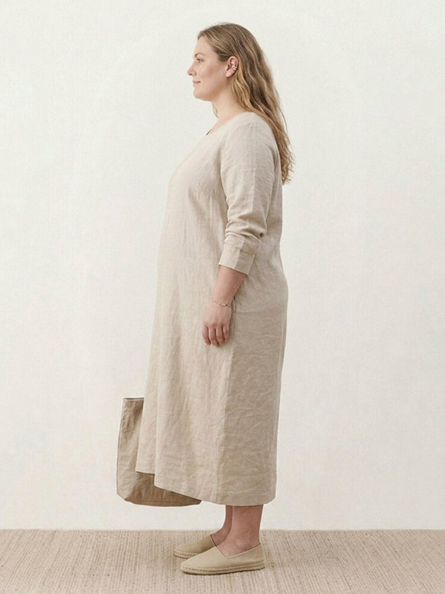 India | Linen Round Neck Midi Dress