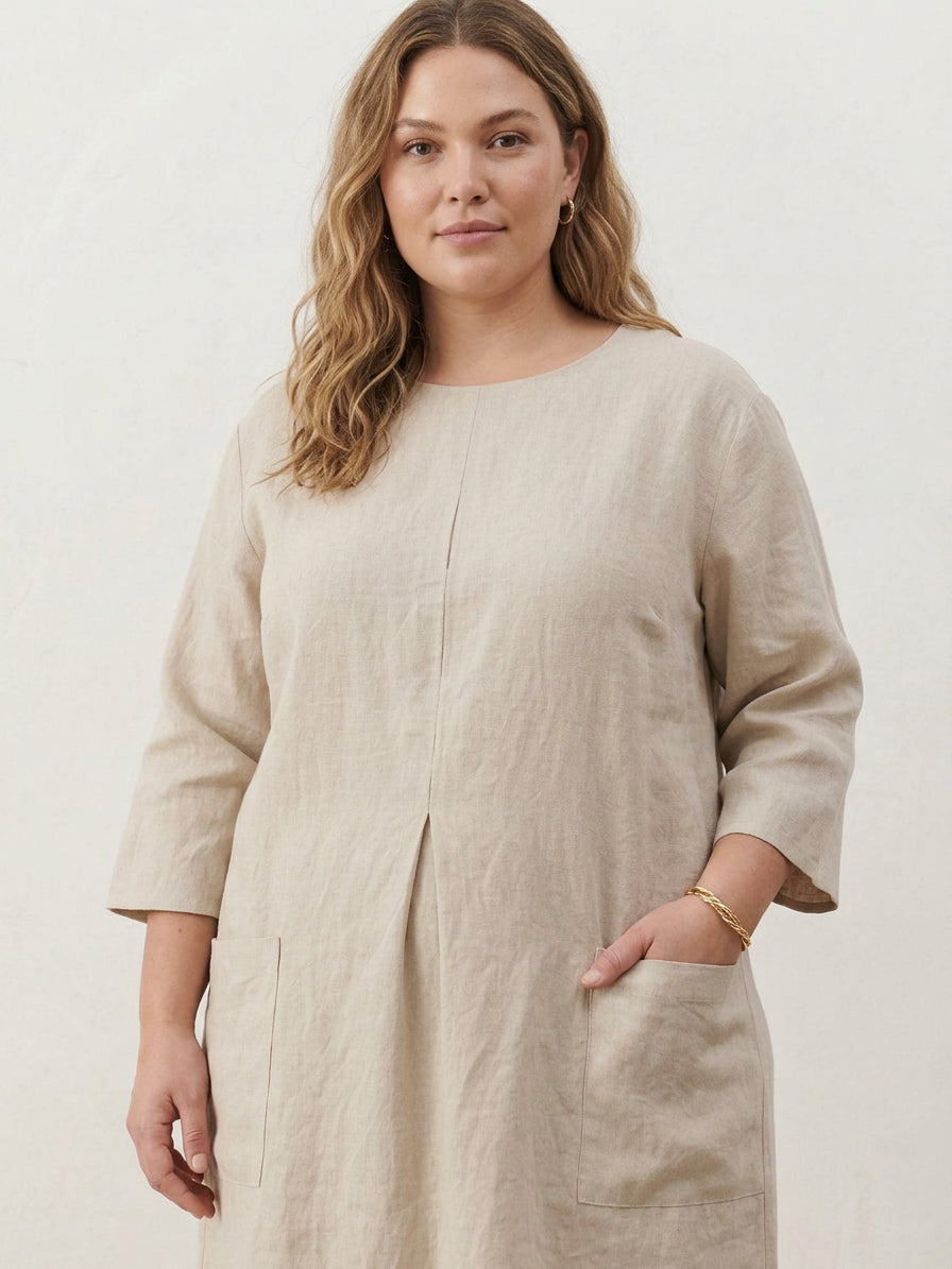 India | Linen Round Neck Midi Dress