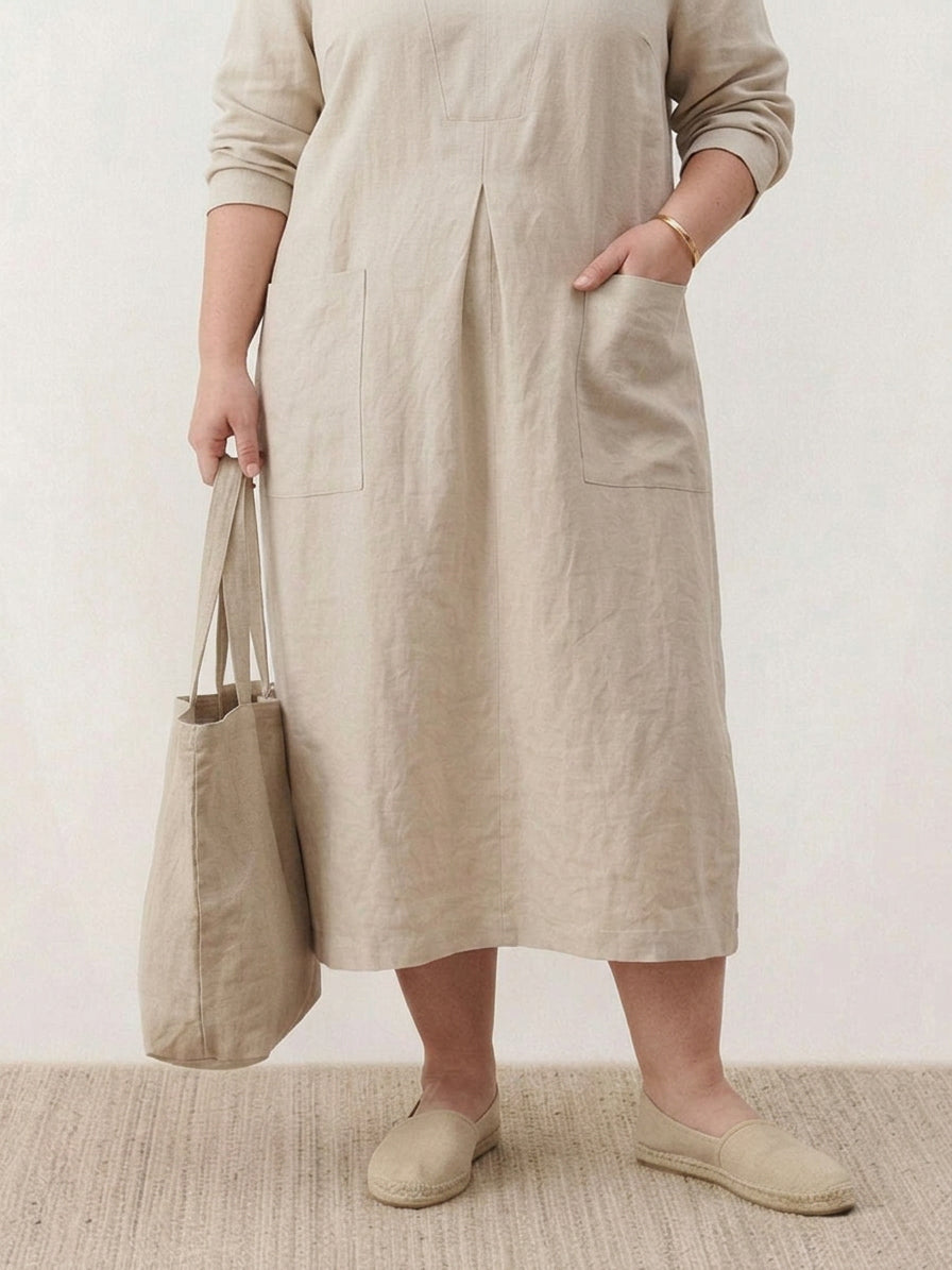 India | Linen Round Neck Midi Dress