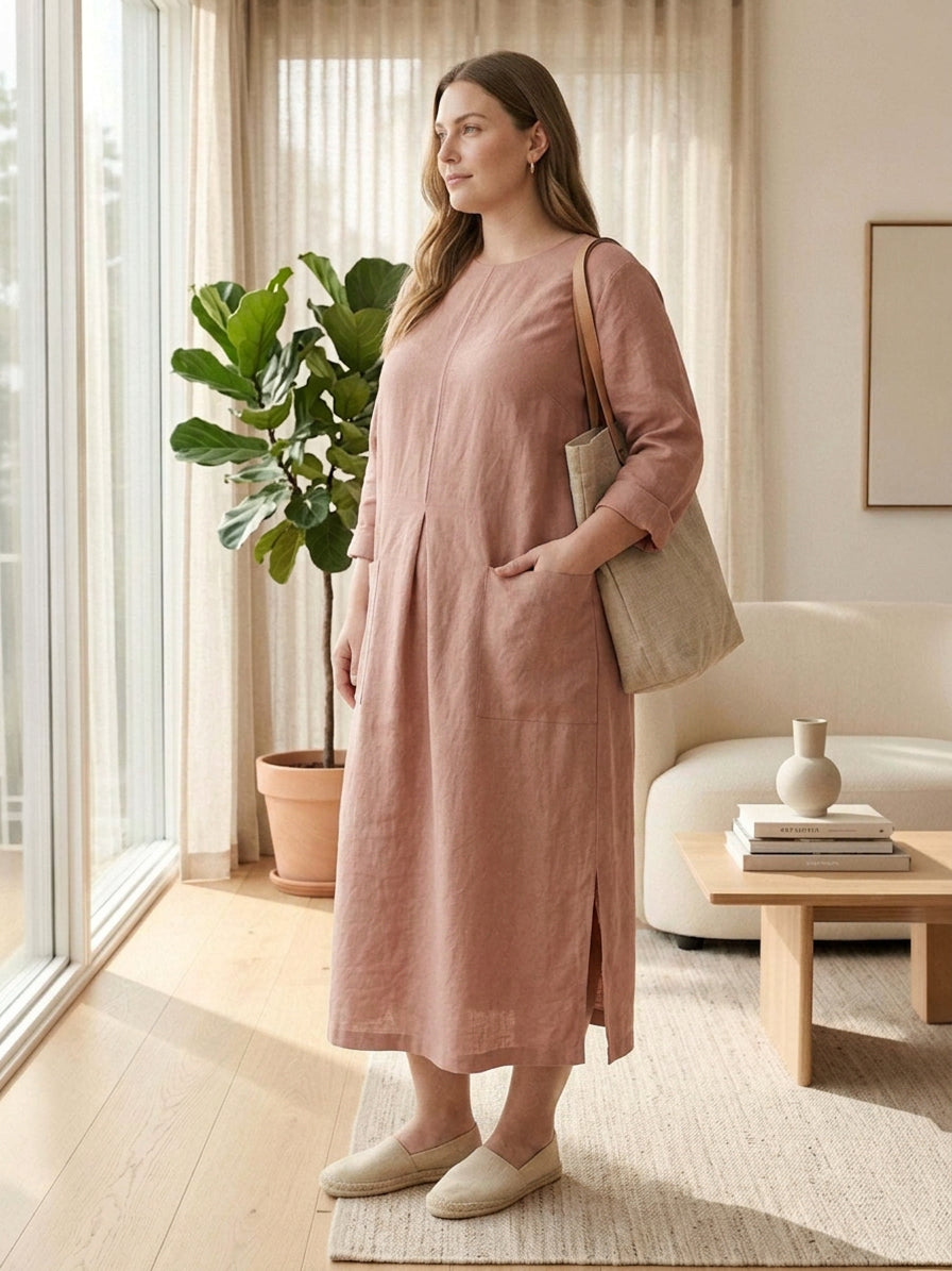 India | Linen Round Neck Midi Dress