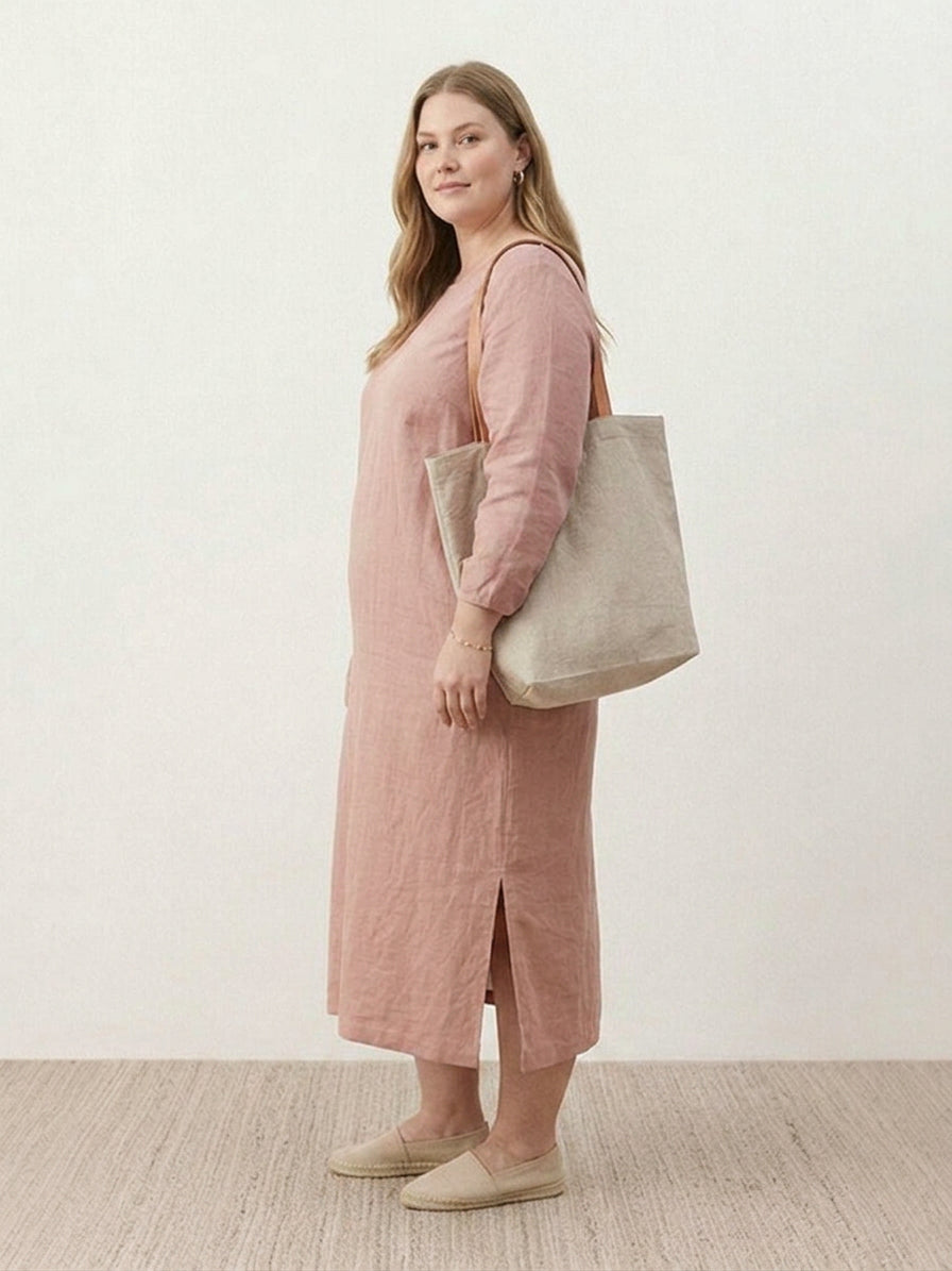 India | Linen Round Neck Midi Dress
