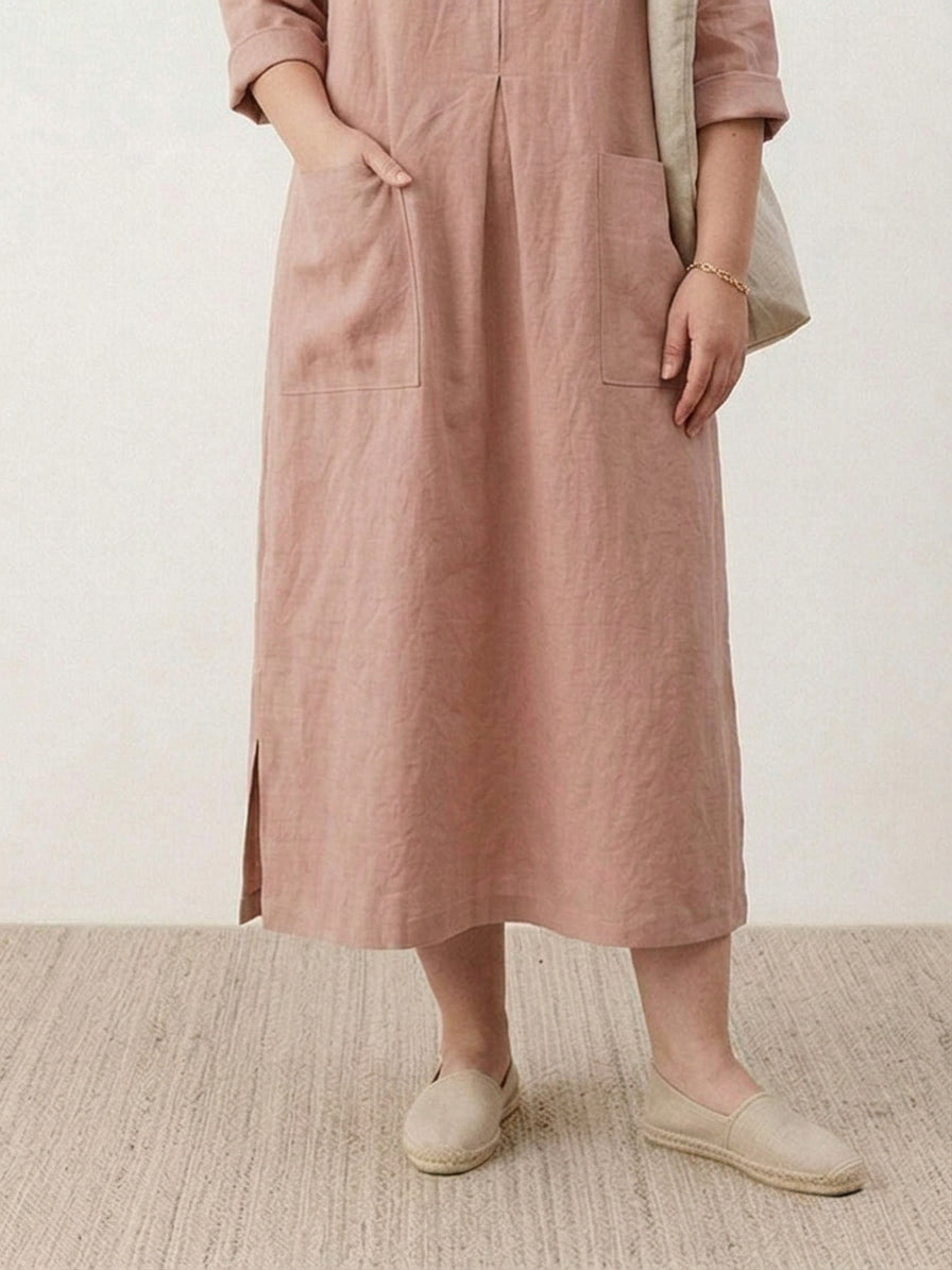 India | Linen Round Neck Midi Dress