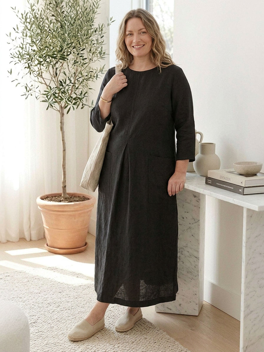 India | Linen Round Neck Midi Dress