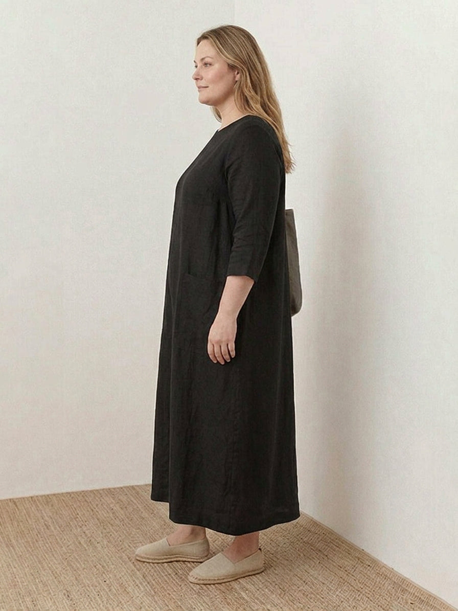 India | Linen Round Neck Midi Dress