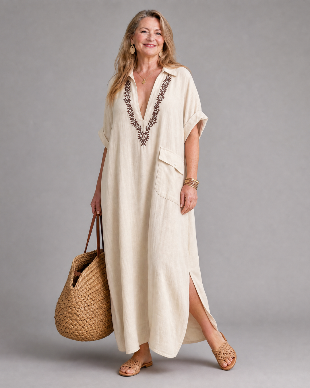Katherine | Linen Embroidered V-Neck Maxi Dress