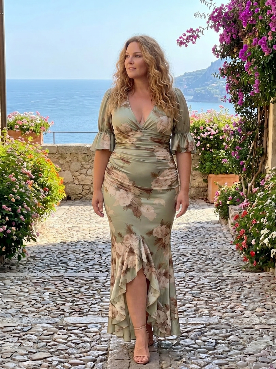 Everly | Satin Floral V-Neck High-Low Maxi Dress