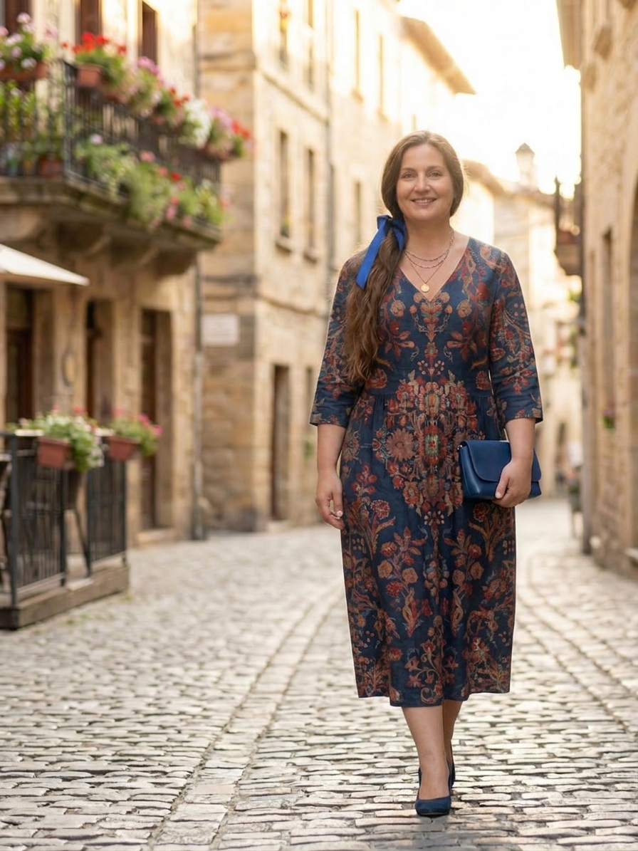 Phyllis | Damask V-Neck Midi Dress