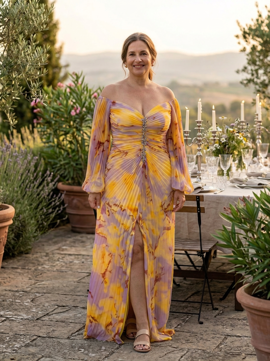 Nadia | Chiffon Abstract Off-Shoulder Maxi Dress