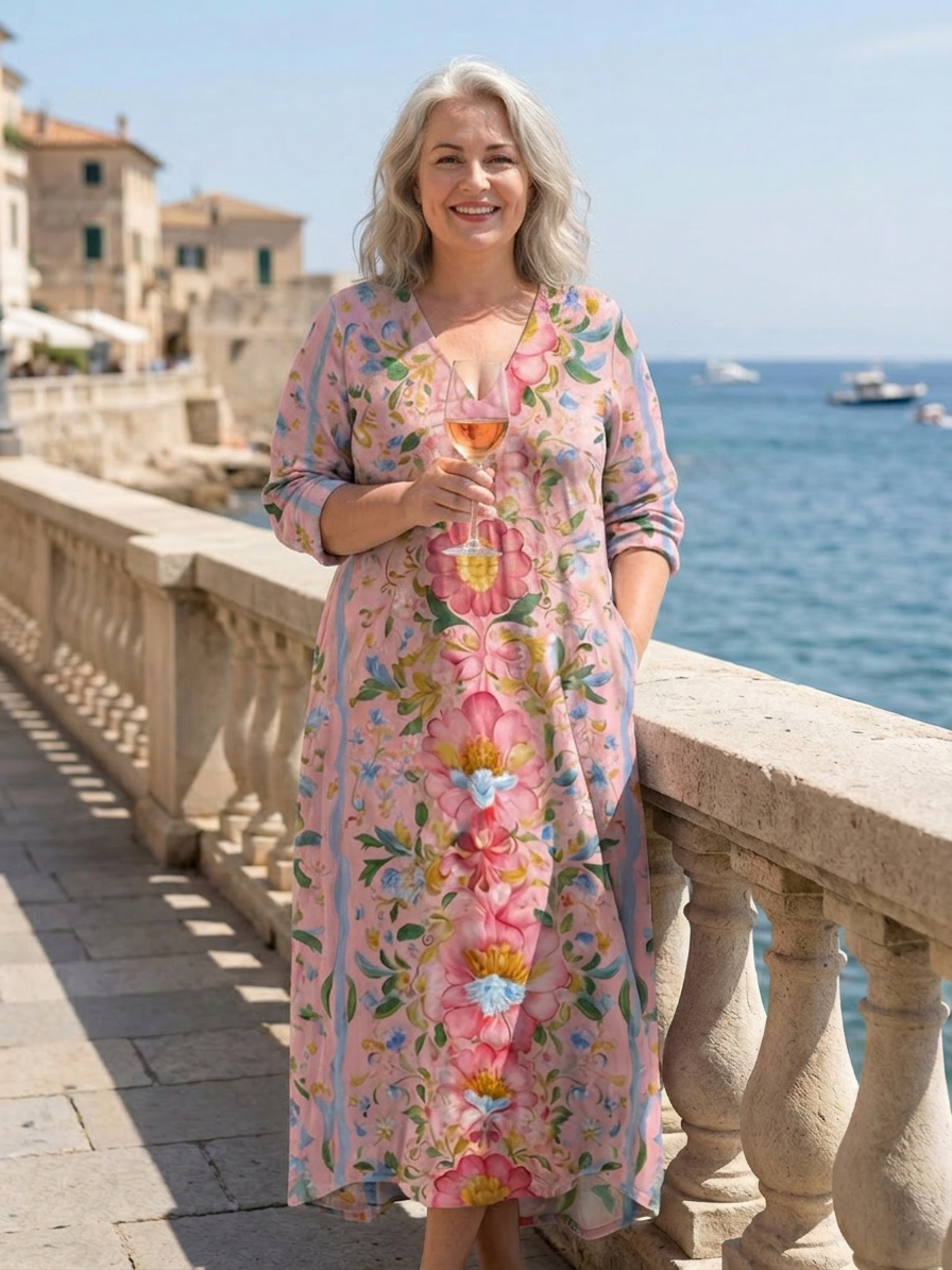 Roxanne | Linen Floral V-Neck Maxi Dress