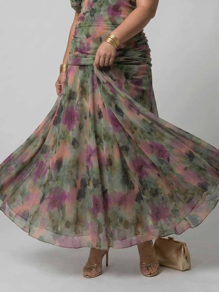 Marlene | Chiffon Floral Off-Shoulder Midi Dress