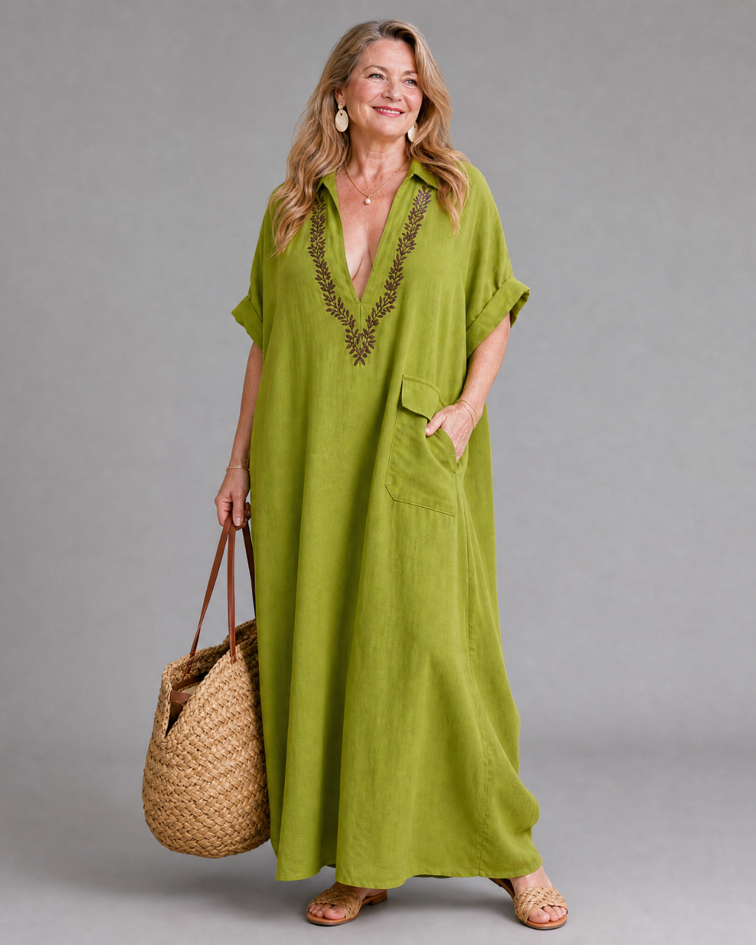 Katherine | Linen Embroidered V-Neck Maxi Dress