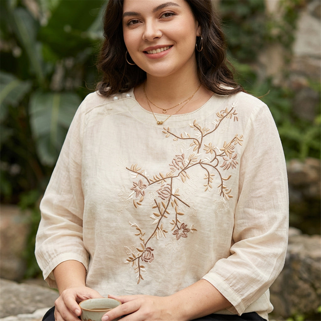 Emily | Linen Floral Round Neck Top