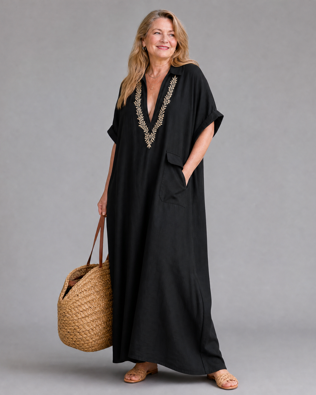 Katherine | Linen Embroidered V-Neck Maxi Dress