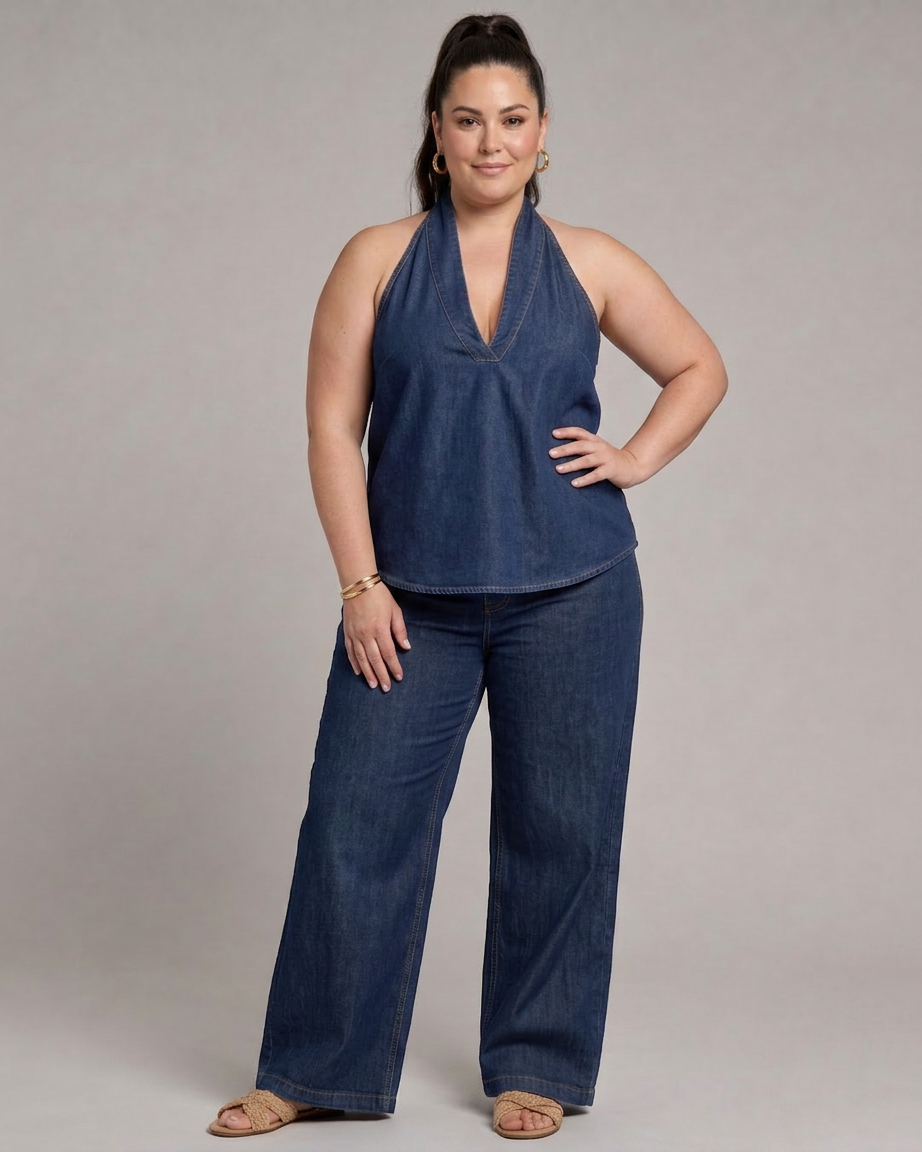 Gloria | Denim V-Neck Two-Piece Set