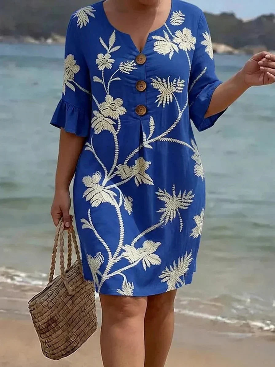 Vanessa | Linen Tropical V-Neck Knee-Length Dress