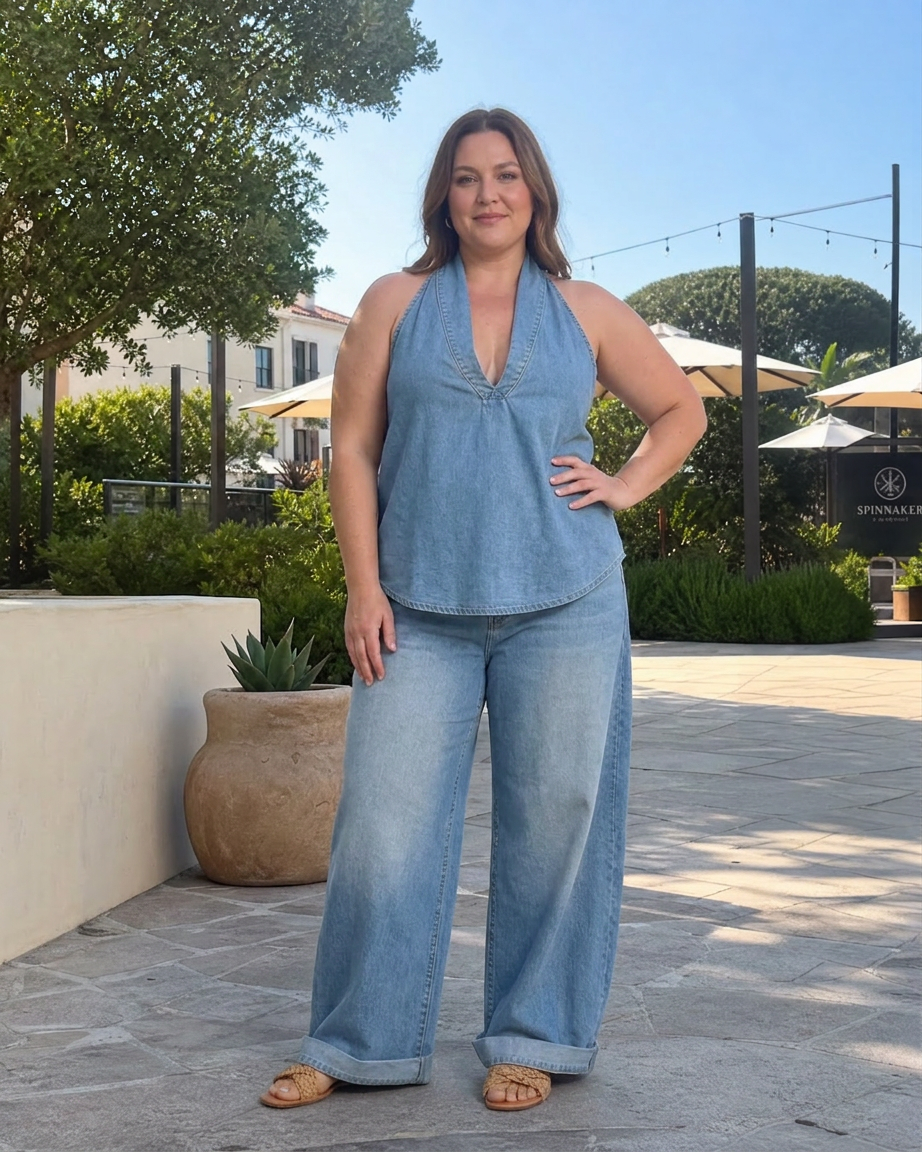 Gloria | Denim V-Neck Two-Piece Set