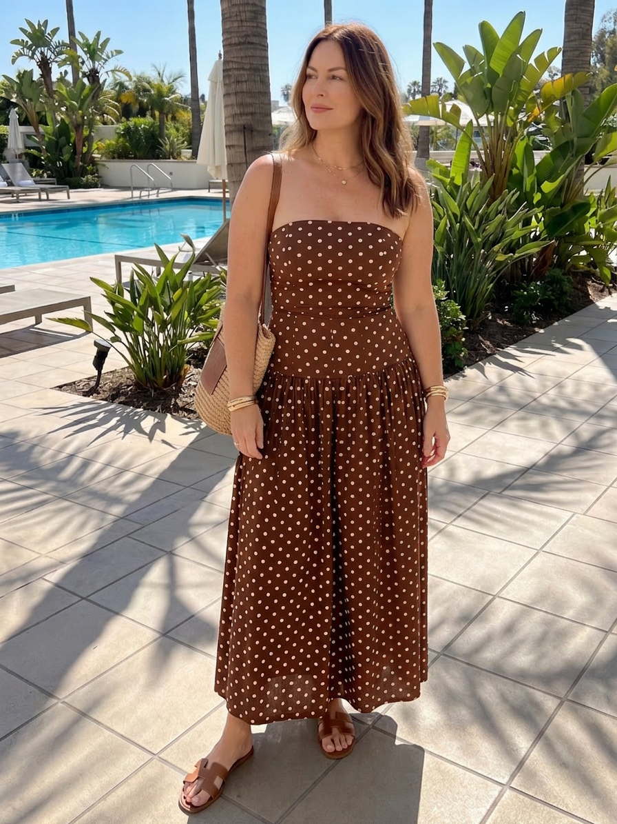 Vivian | Polka Dot Strapless Midi Dress