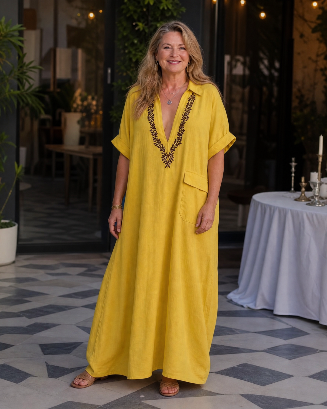 Katherine | Linen Embroidered V-Neck Maxi Dress