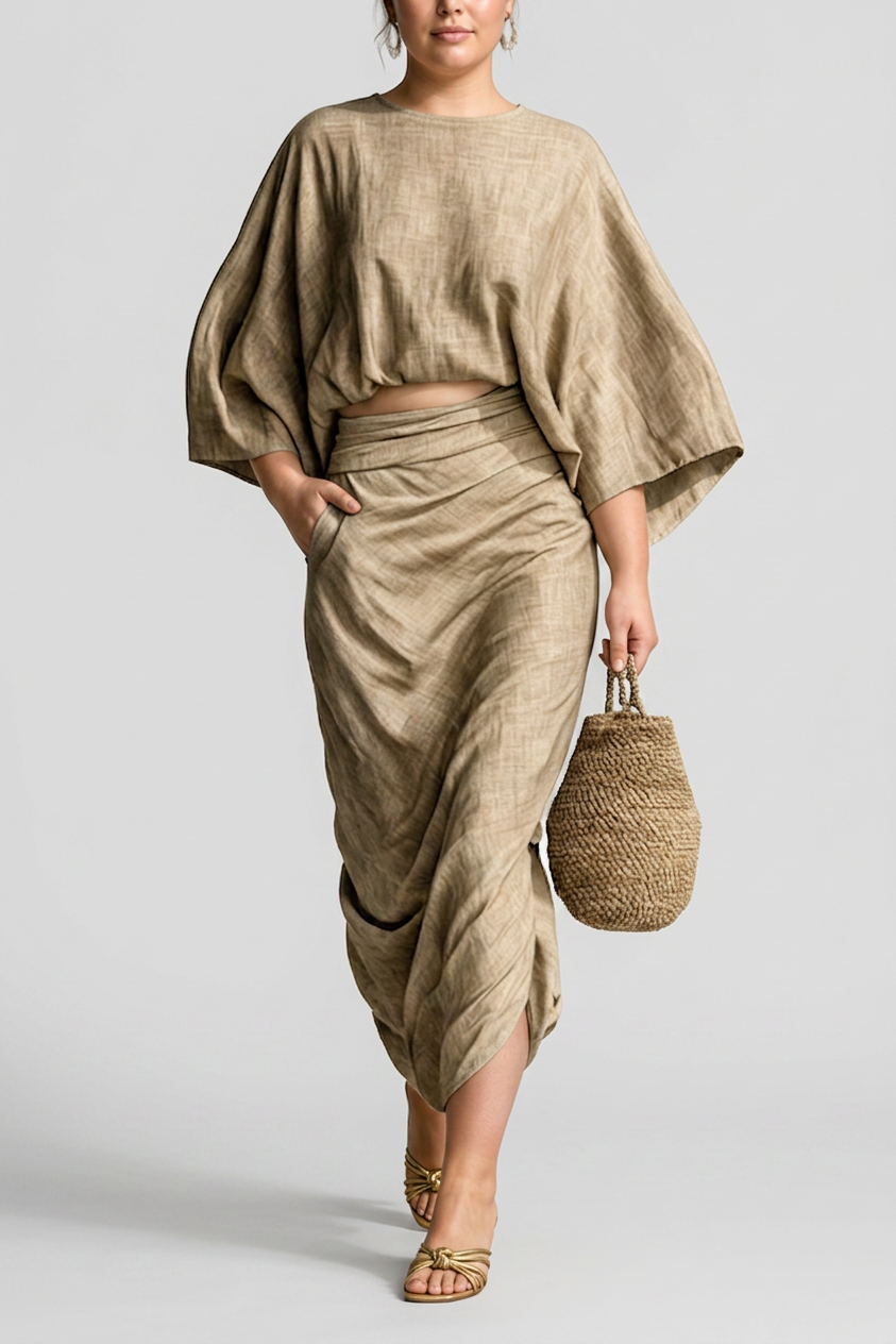 Holly | Linen Batwing Sleeve Two-Piece Skirt Set