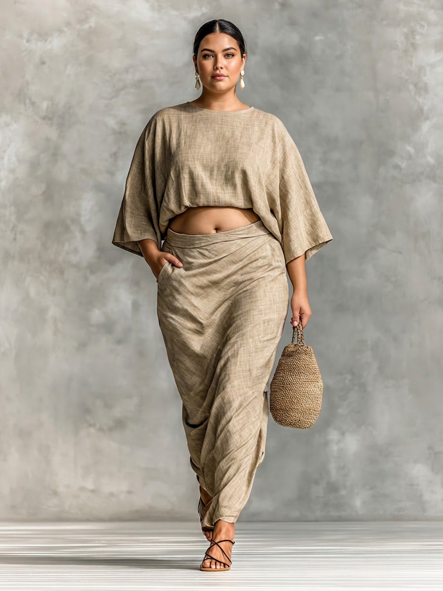 Holly | Linen Batwing Sleeve Two-Piece Skirt Set
