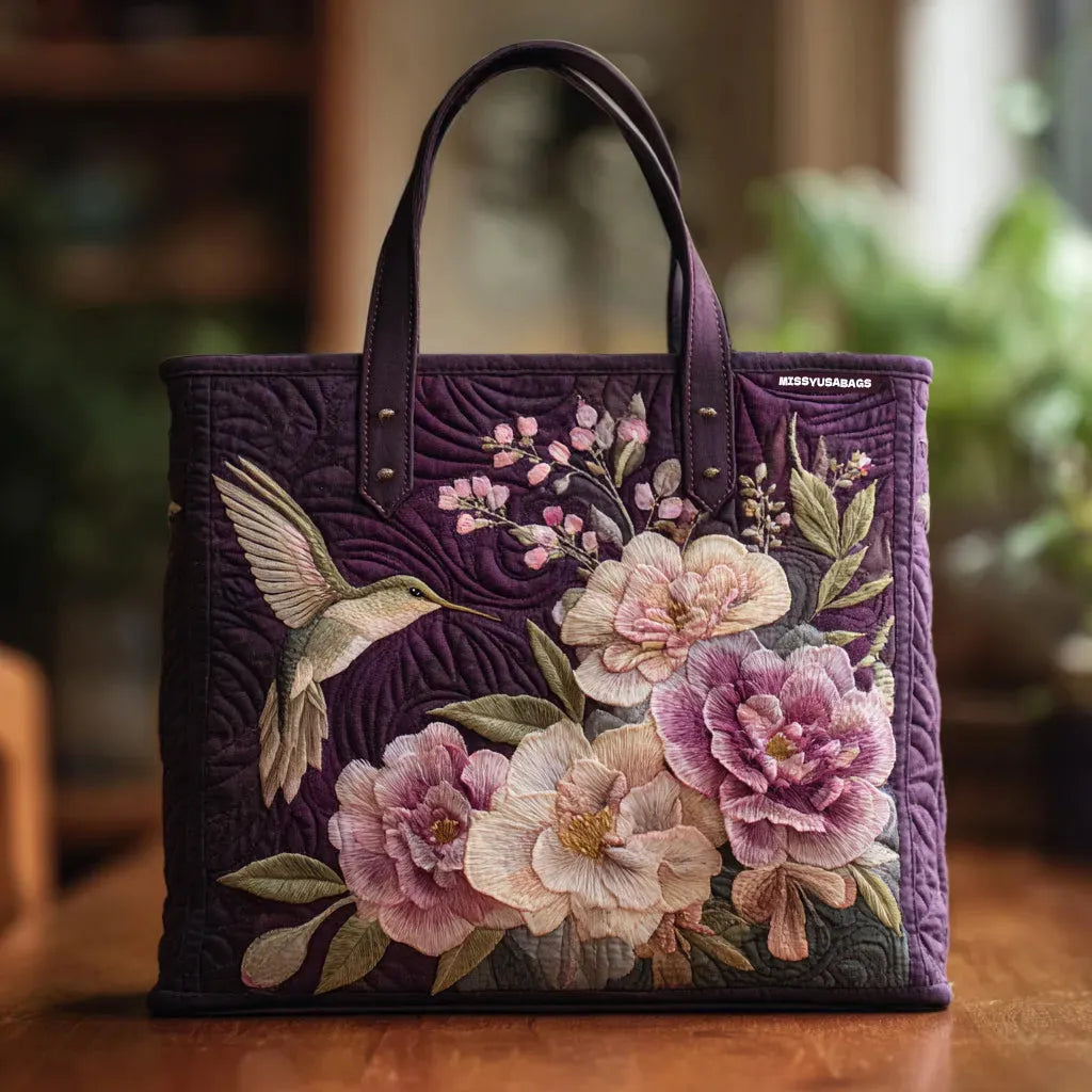 Raquel | Hummingbird and Peony Quilted Tote Bag