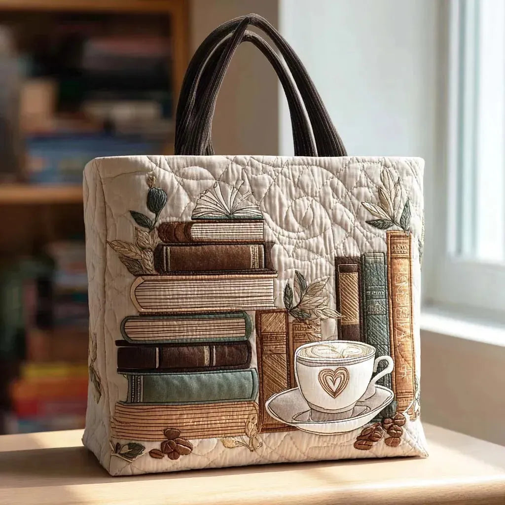 Jordan | Books and Coffee Quilted Tote Bag