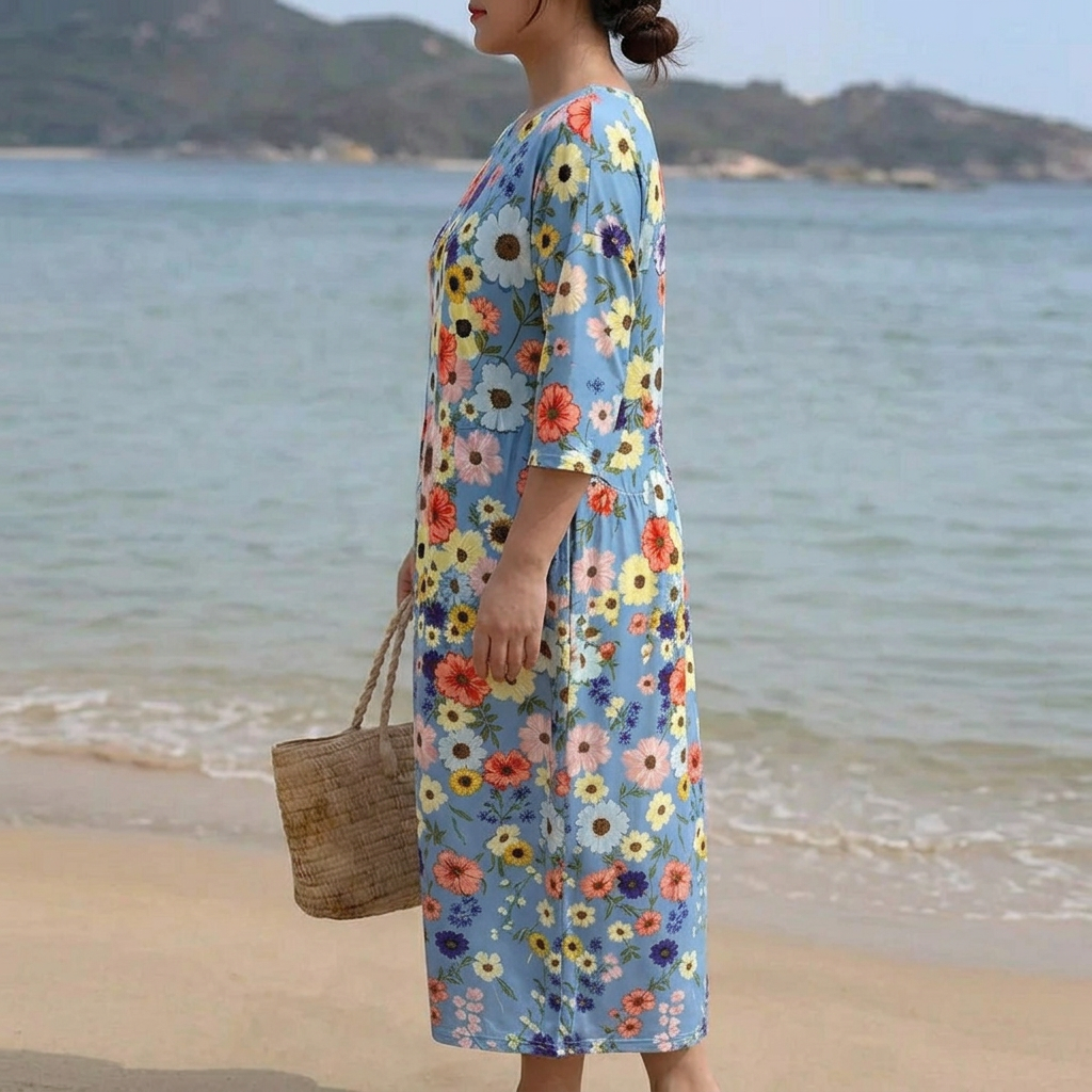 Anna | Denim Floral Round Neck Midi Dress