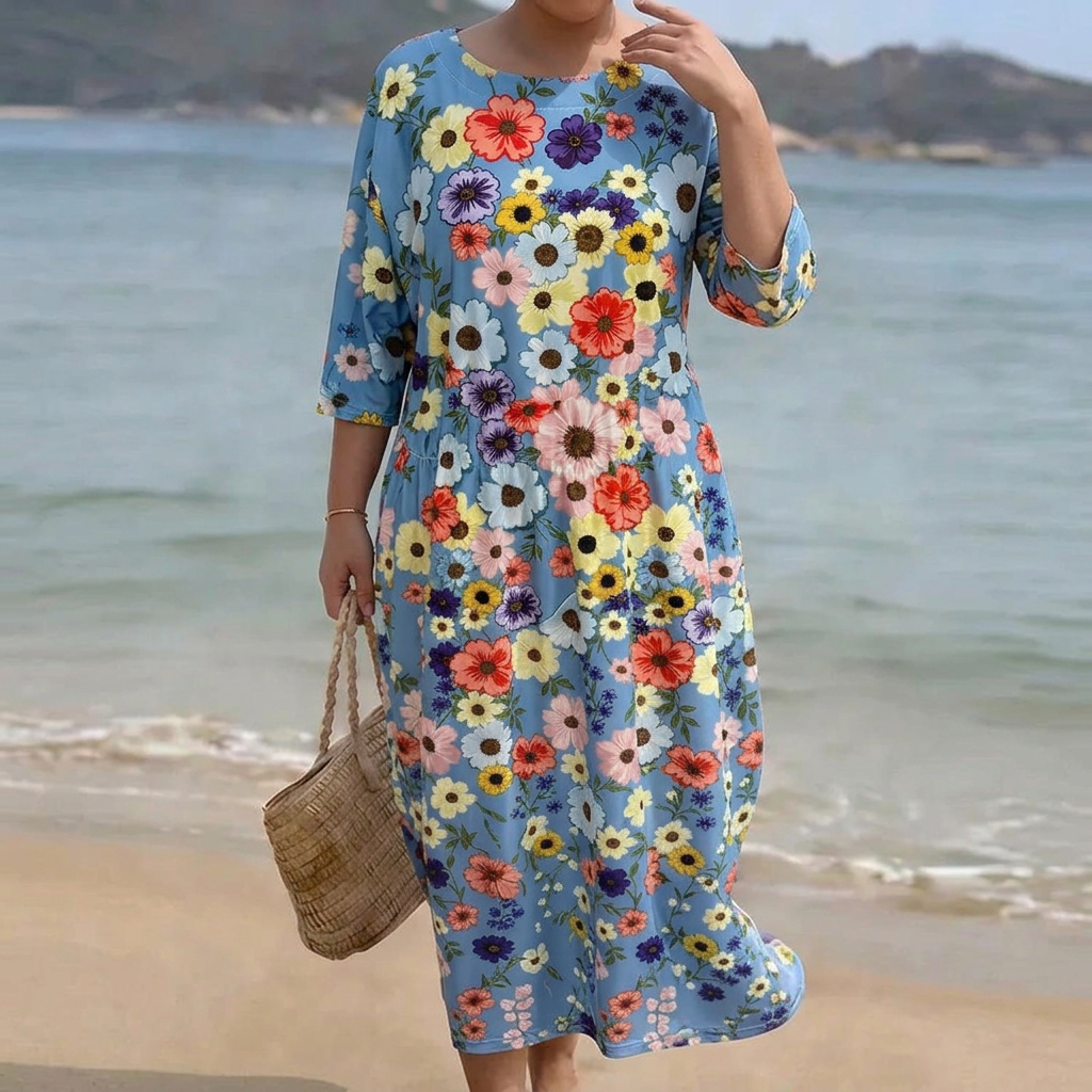 Anna | Denim Floral Round Neck Midi Dress