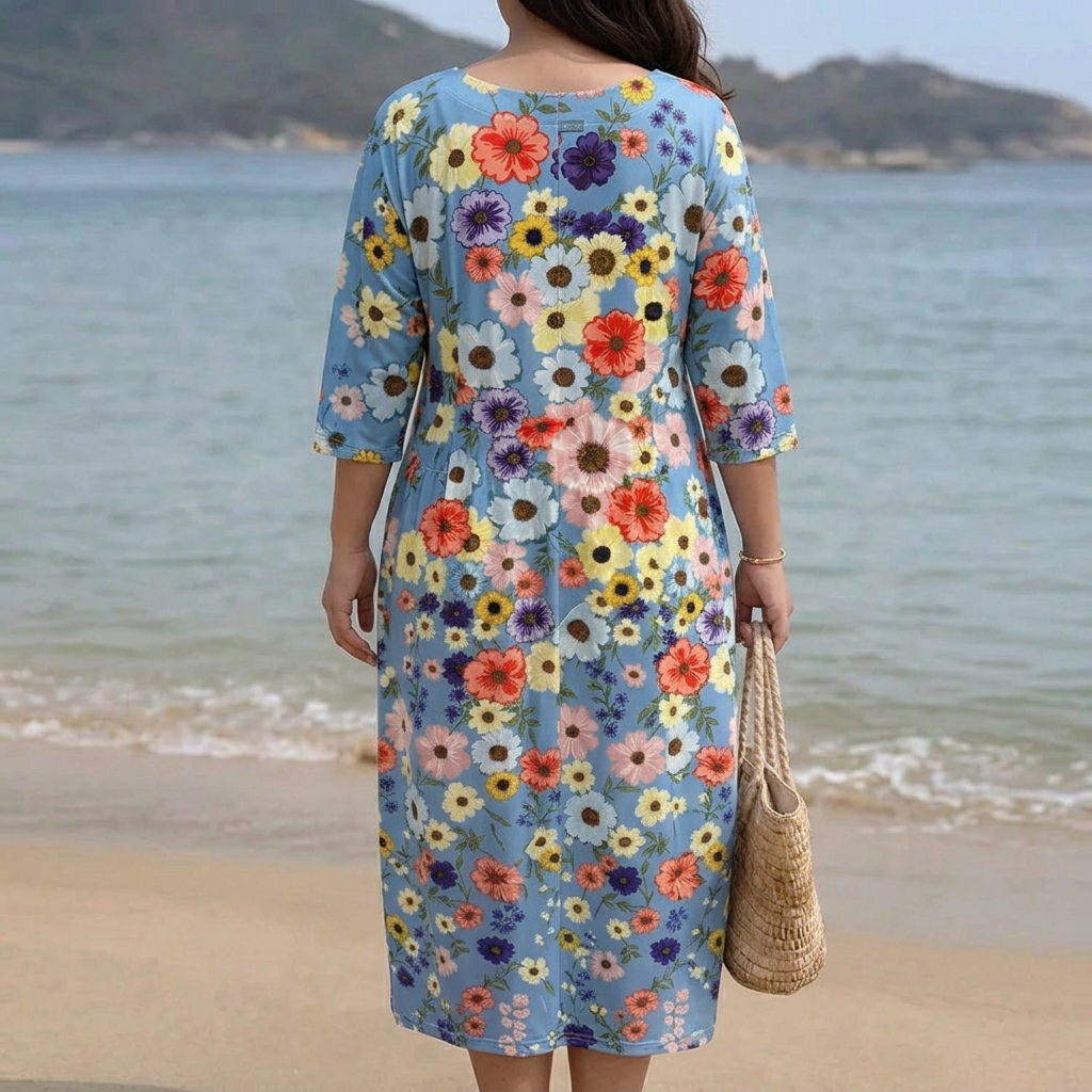 Anna | Denim Floral Round Neck Midi Dress