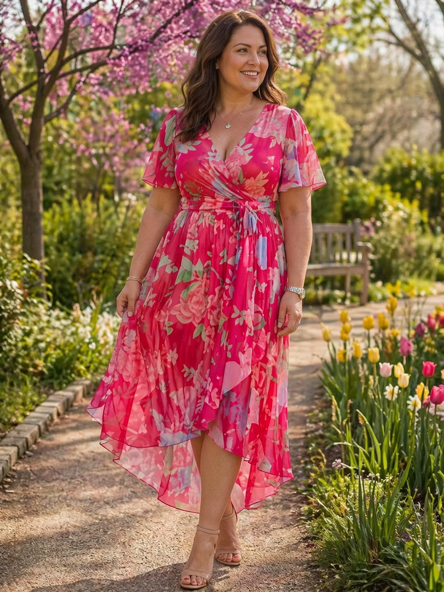 Sabrina | Chiffon Floral V-Neck High-Low Maxi Dress
