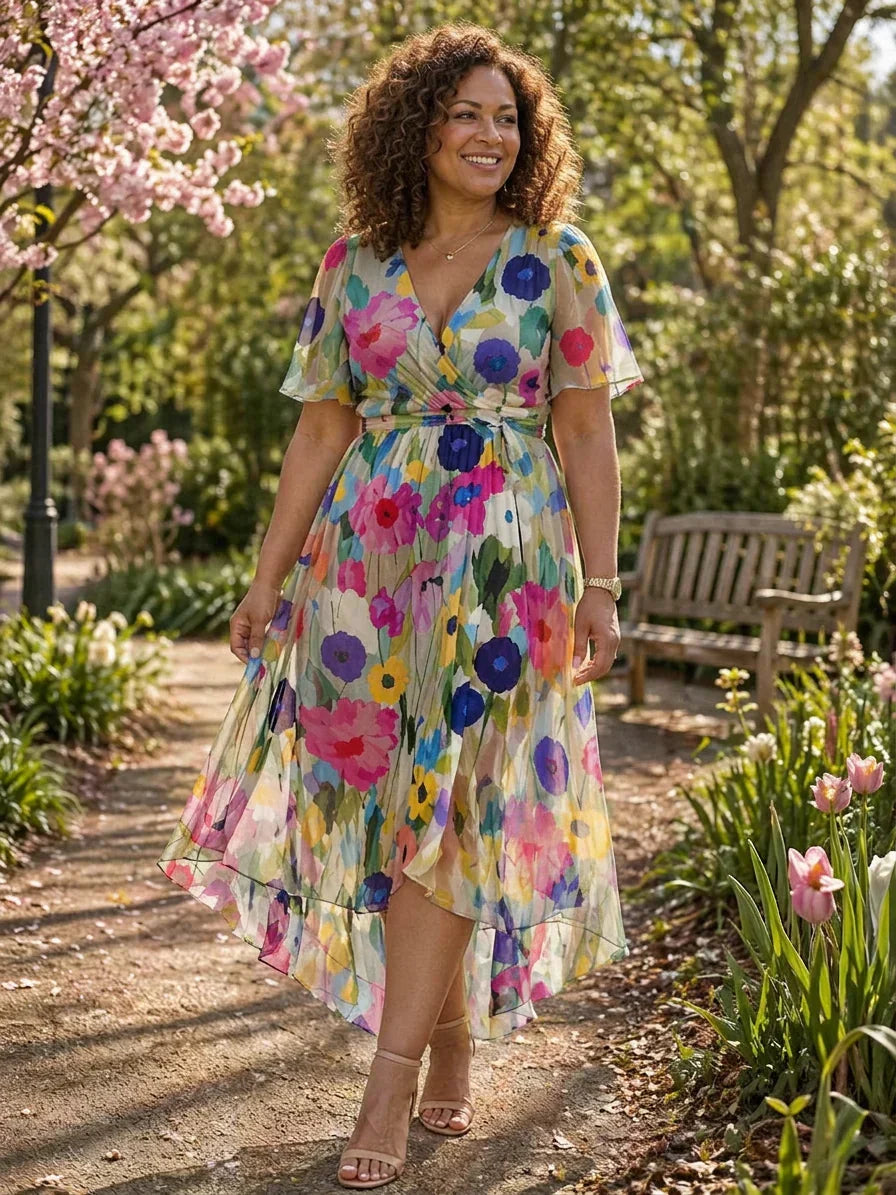 Abigail | Chiffon Floral V-Neck High-Low Maxi Dress