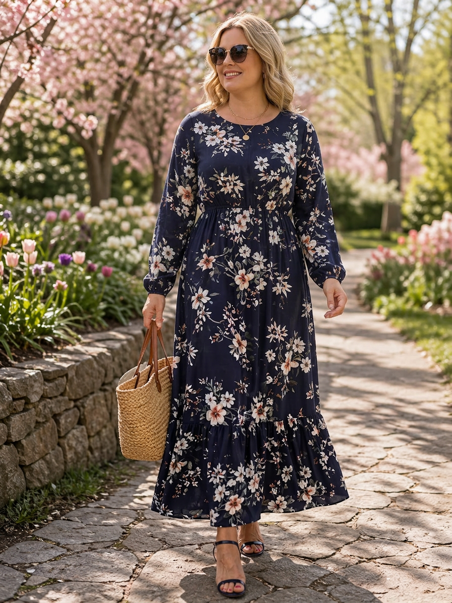 Marina | Floral Round Neck Maxi Dress