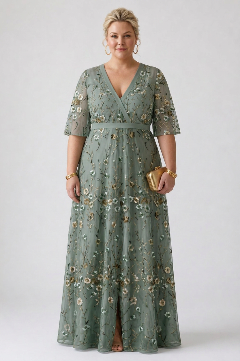 Kristin | Sequin Floral V-Neck Maxi Dress