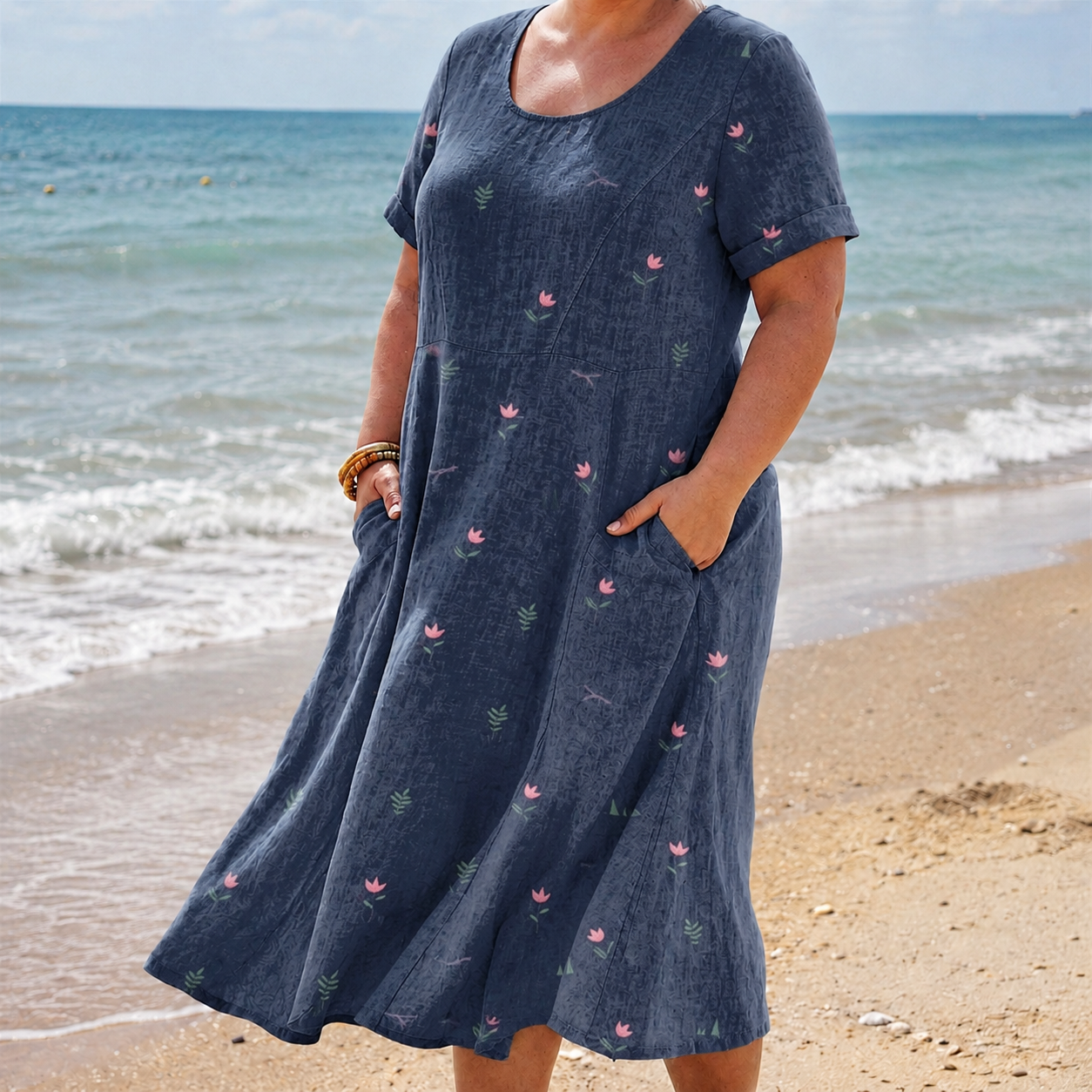 Sophie | Linen Floral Round Neck Midi Dress