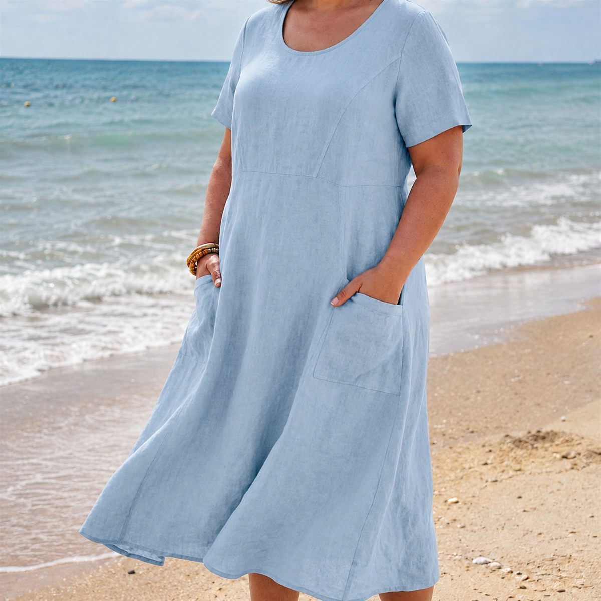 Marion | Linen Round Neck Midi Dress